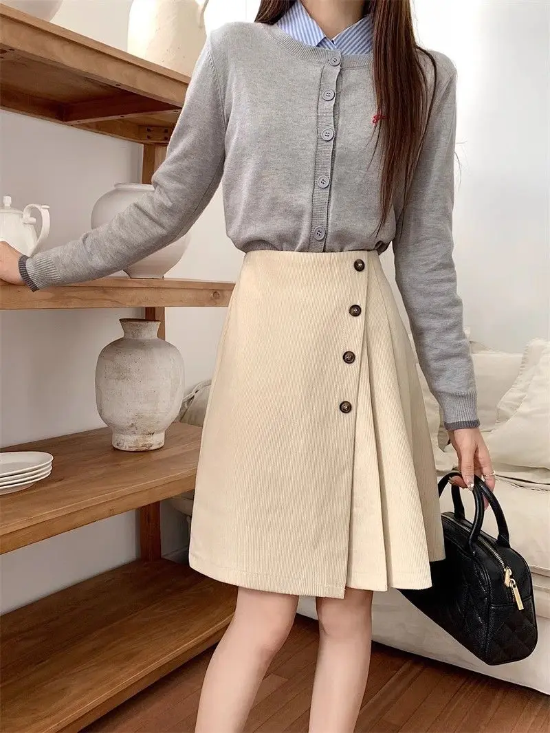 

Skirts Knee-Length Women Pure Temperament Corduroy Stylish Casual A-Line Slim Femme Design Chic Soft Mujer