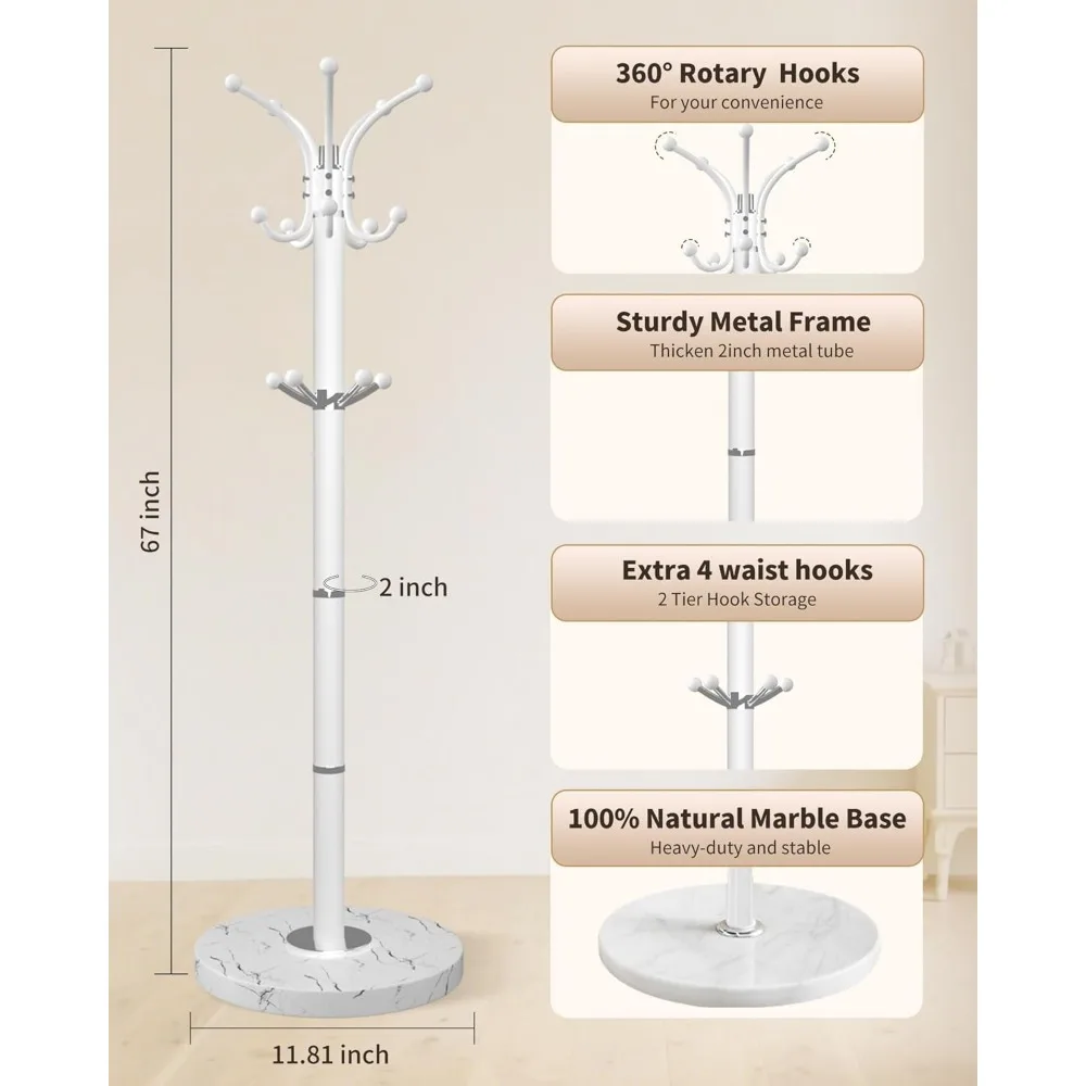 رف معطف حديث يدور 360 درجة مع 14 خطافًا وقاعدة من الرخام الطبيعي لتخزين المدخل الأنيق