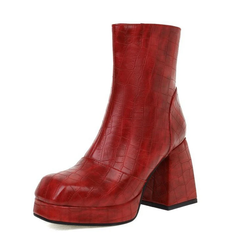 SIMLOVEYO 2021 Fashion Mid-Calf Boots Toe Block Heel Pattern Big Size 34-43 Red S2651