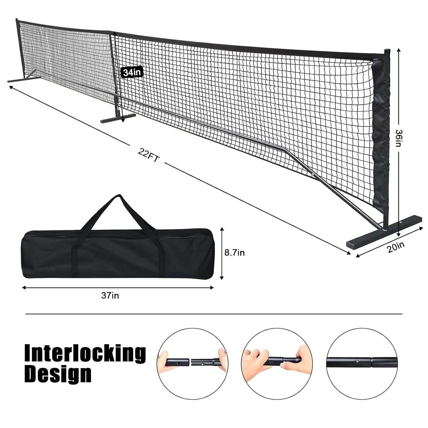 Pickleball Net System with Carrying Bag Game Black Durable Beginners 670cmx91cm Indoor and Outdoor Metal Frame Stand Easy Setup