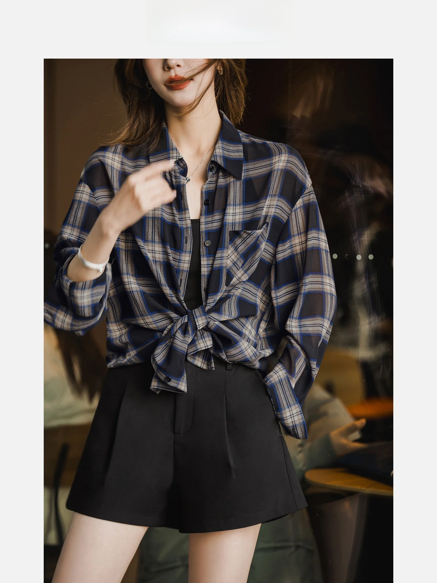 

Черная женская рубашка в горошек с длинным рукавом, весна-лето, новый стиль, тонкий топ, юбка из полиэфирного волокна, прямой крой, повседневный стиль