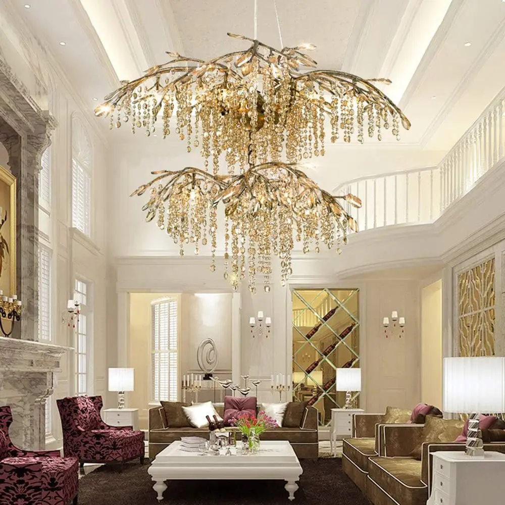 Vintage Crystal Chandelier Luxury Brass Branches Pendant Light For Living Dining Room Staircase Loft Crystal Hanging Chandeliers