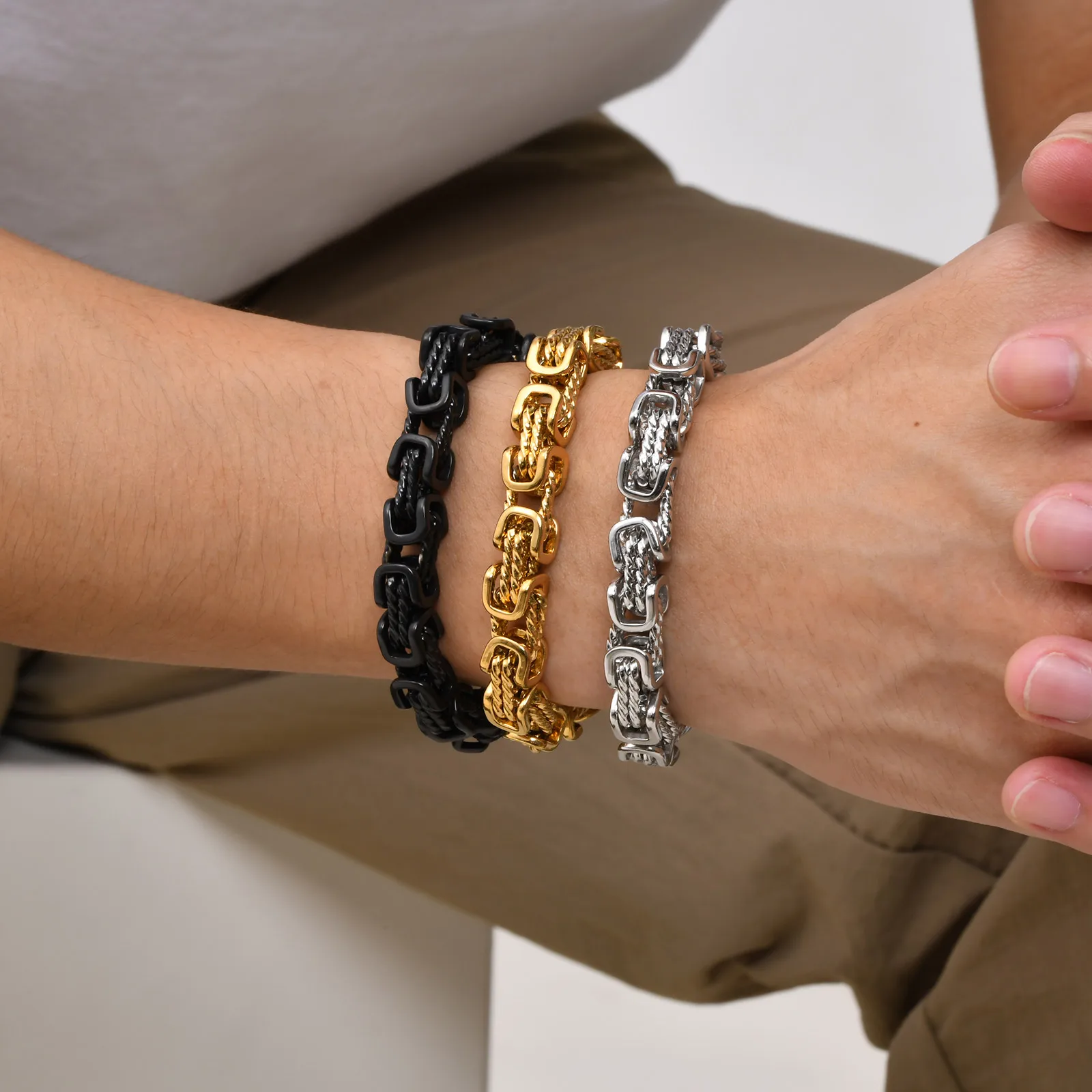 Chunky Byzantine Bracelets for Men Boys,8mm Stainless Steel Braided Link Wristband,Vintage Jewelry Gift for Him