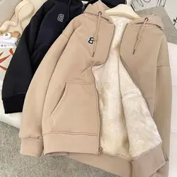 Unisex Autumn Winter Hoodie Coat Drawstring Thick Plush Pockets Long Sleeve Sherpa Fleece Jacket Thick Warm Fleece Sweatshirt