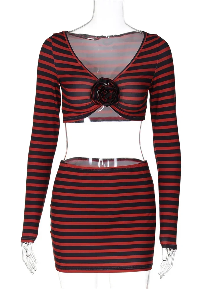 Autumn Striped 2 Piece-Set Skirt Women's Floral V-Neck Fashion Cropped Top And Sexy Skirt Outfits Tracksuit Female Sets