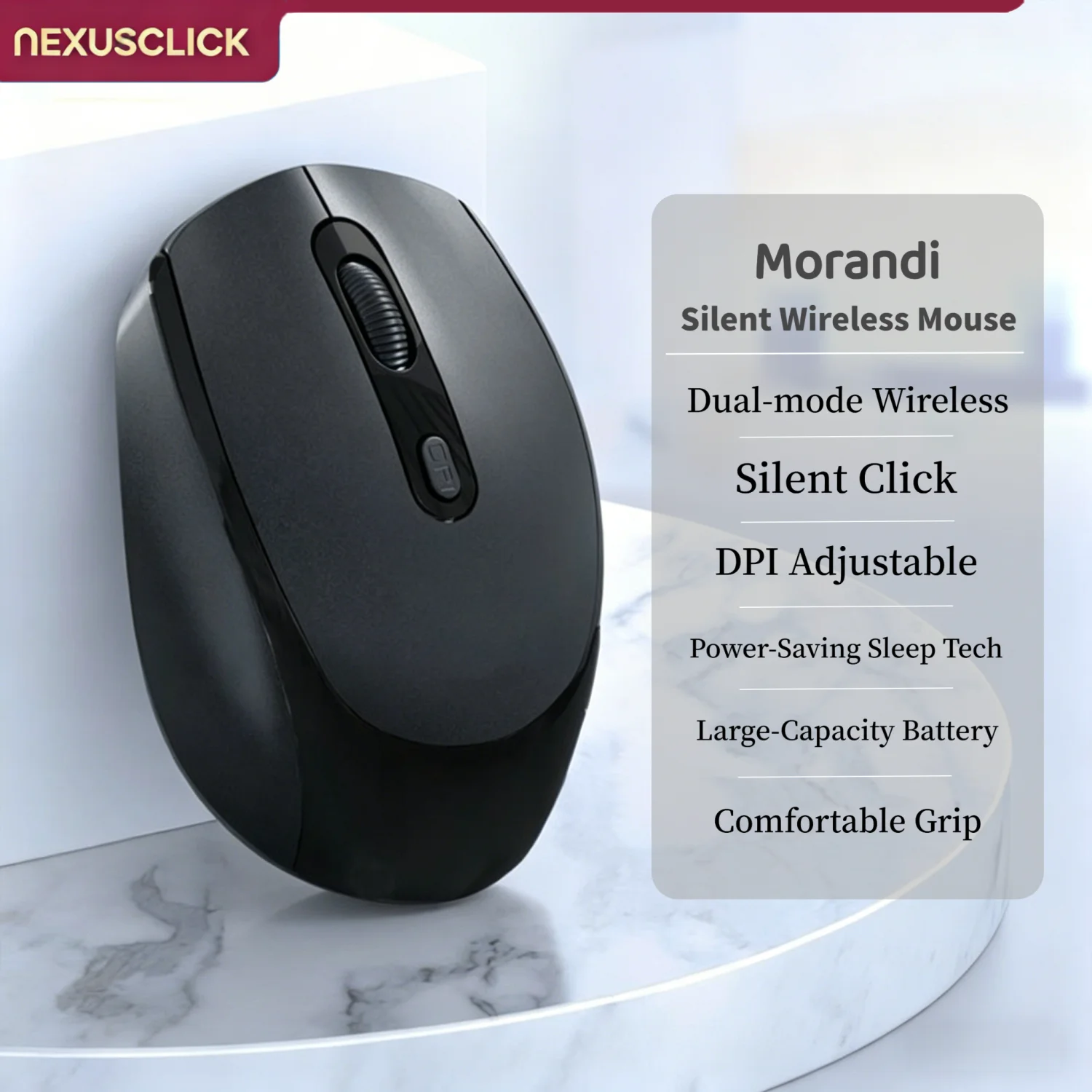 NexusClick Dual Mode Wireless Mouse, Bluetooth 2.4G Rechargeable Silent Ergonomic Gaming Mice, 3 Adjustable DPI for Laptop