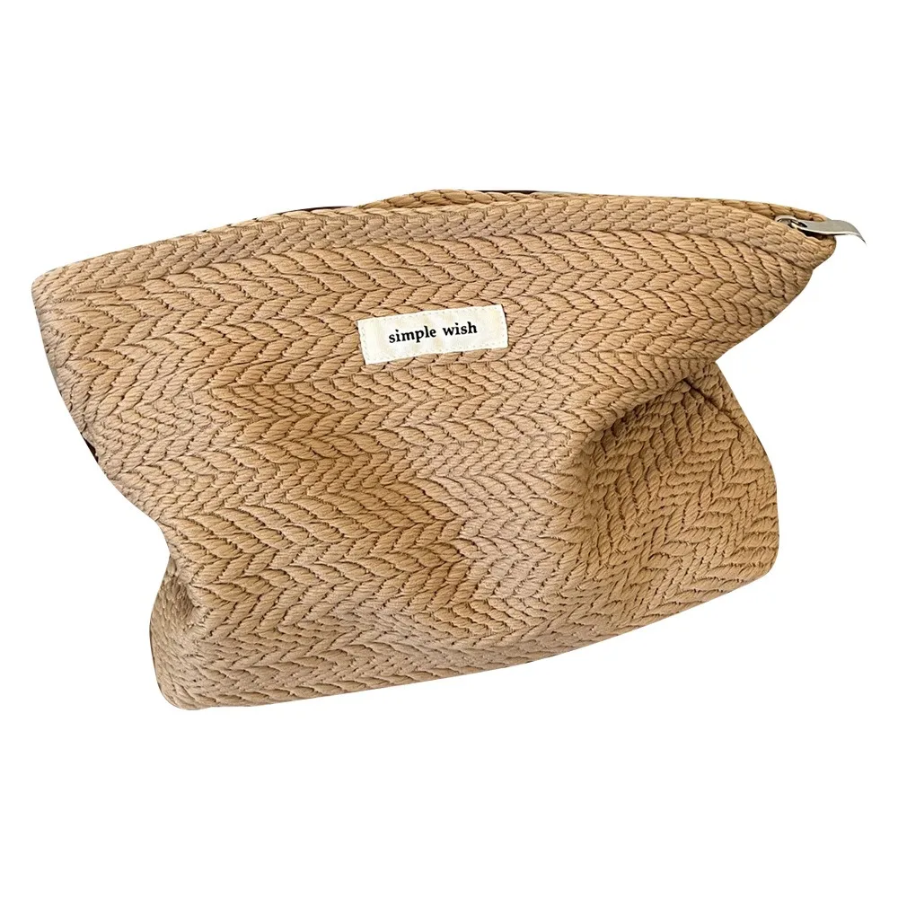 Fashion Zipper Makeup Bag Solid Color Woven Fabric Clutches Bag Large Capacity Beige Coffee Cosmetic Bag Outdoor