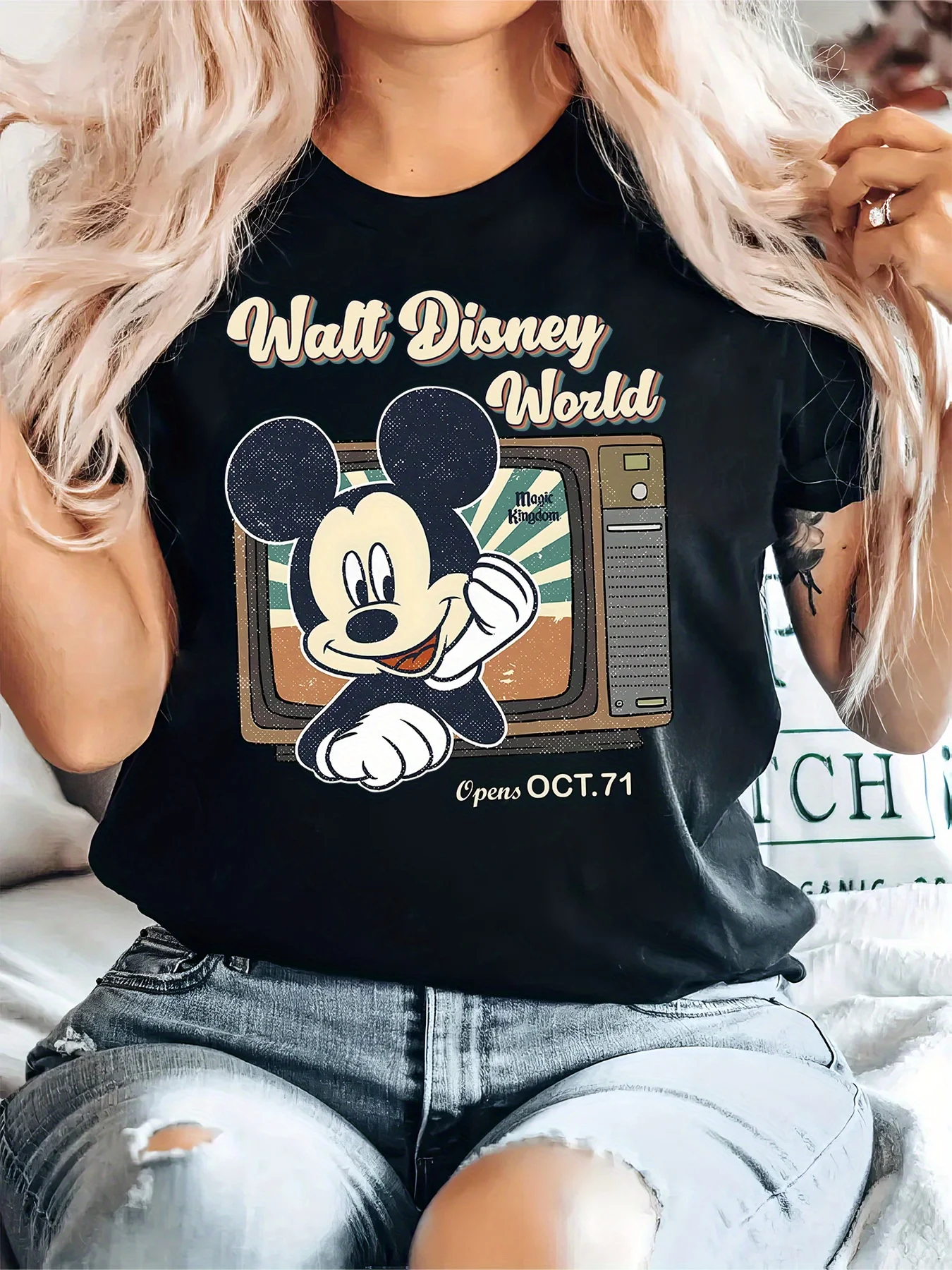 

Retro Mickey Walt World Opening on October 7 Women'S T-Shirt - Black and White Crew Neck, Short Sleeve, Casual Party Dress