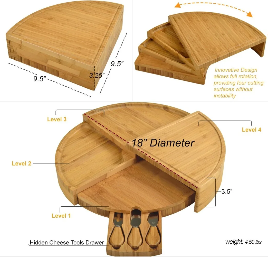 Tabla de queso/charcutería de bambú patentado con juego de cuchillos: tiendas como cuña compacta, abre un diseño de 18" de diámetro