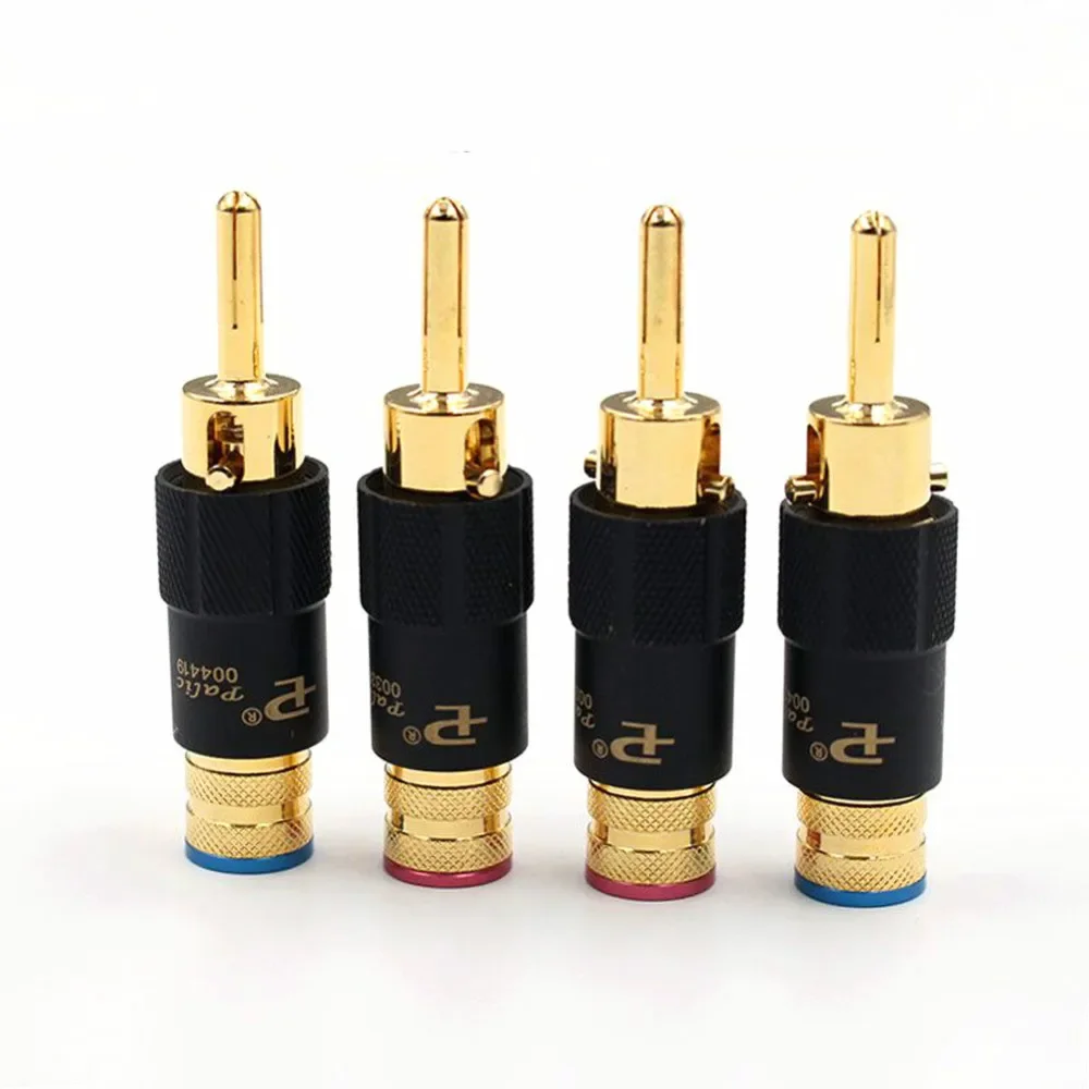 Áudio Banana Speaker Plug, Bloqueio de Parafuso, Cabo, Fio Conector, Banhado a Ouro 24K, Banhado a Ródio, 4Pcs, 10mm