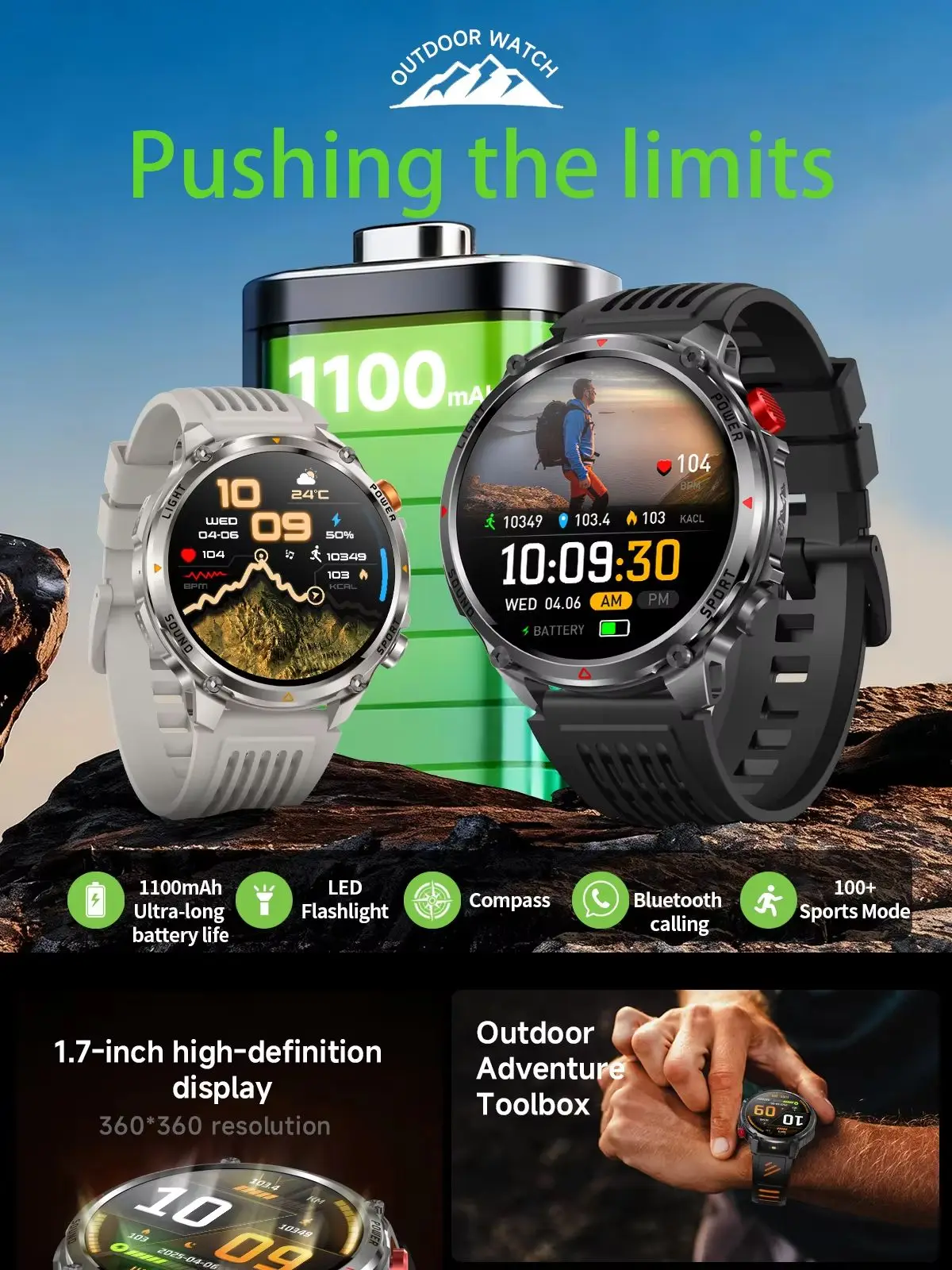 2026 Neue Outdoor-Militär-Smartwatch für Männer T-RX mit 1100mAh großem Akku, Kompass, IP68 wasserdicht, Taschenlampe, Sport-BT-Anruf-Funktion.