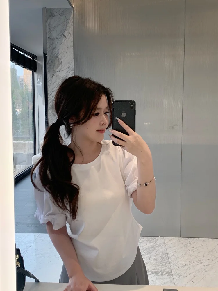 

White Waist-Cinching Slimming T-irt Women's Summer Design Sensation Top Rosewth Hand-Pied Sle Cotton Blend Fabric