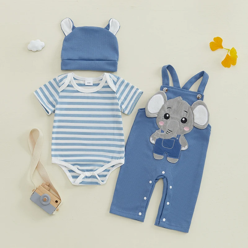 

Cute Baby Costume Stripe Short Sleeve Romper with Elephant Embroidery Overall Pants Hat Boys Clothing 3 Pcs Set