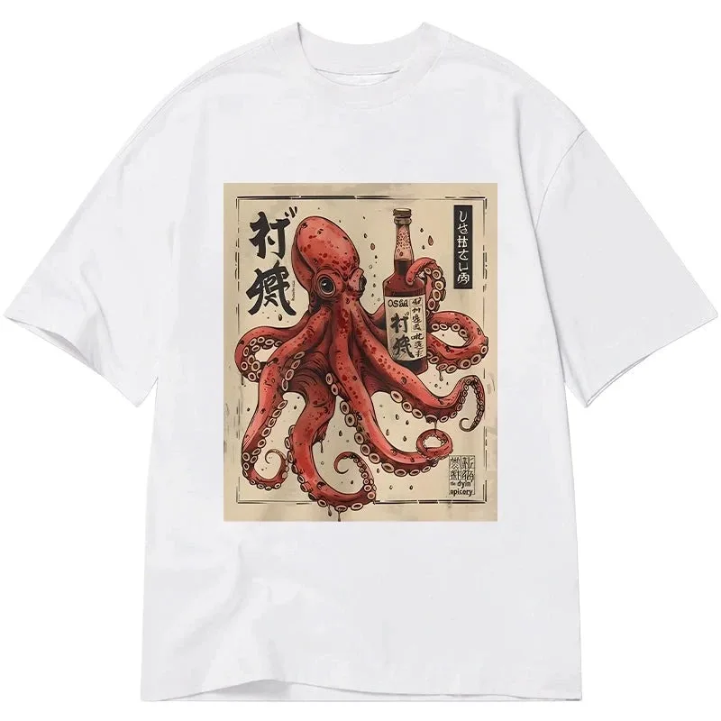 

Винтажная футболка из чистого хлопка в стиле ретро, повседневная свободная футболка Осака Сасе, осьминог, классические футболки, мужская одежда, мужская праздничная летняя футболка, японская