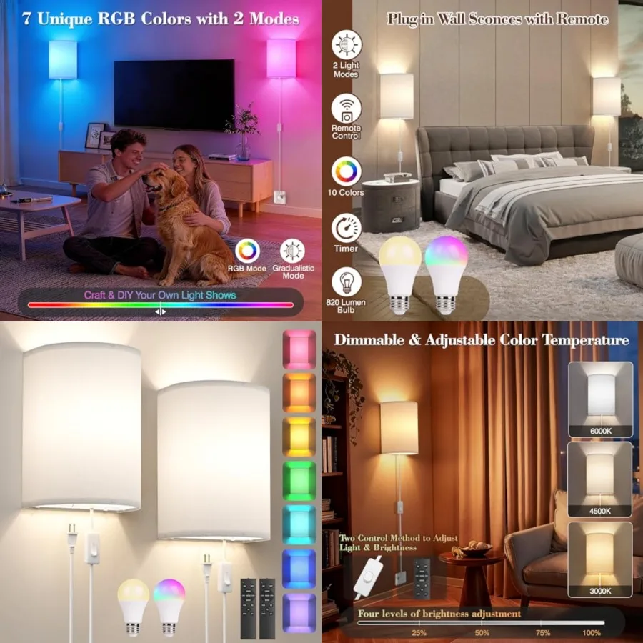 

Plug in Wall Sconces Set of Two: Wall Lights with 7 RGB Colors - 3 Color Temperature Wall Mount Lamps with Remote - Fabric Line