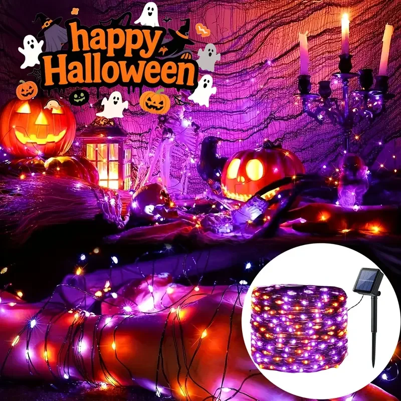 

2 упаковки/компл. солнечные гирлянды на Хэллоуин, 240 светодиодов, черный/серебристый медный провод, наружный светильник с 8 режимами для двора, патио, уличного декора