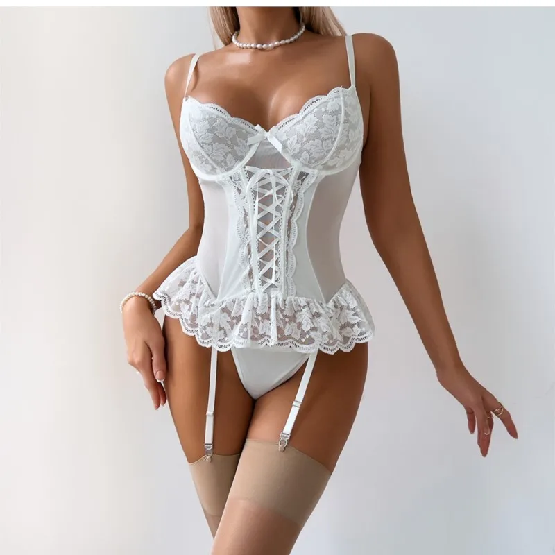 

White Underwire Push Up Corset Bodysuit With Lace Straps Sheer Thong Lingerie Set For Women Sexy Intimate Moments