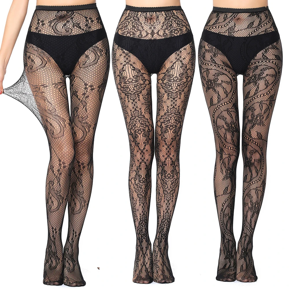 3 Pairs Elegant Floral Lace Fishnet Tights for Women, Rose Vine Black Mesh Pantyhose, Halloween Club Party Hollow Out Stockings
