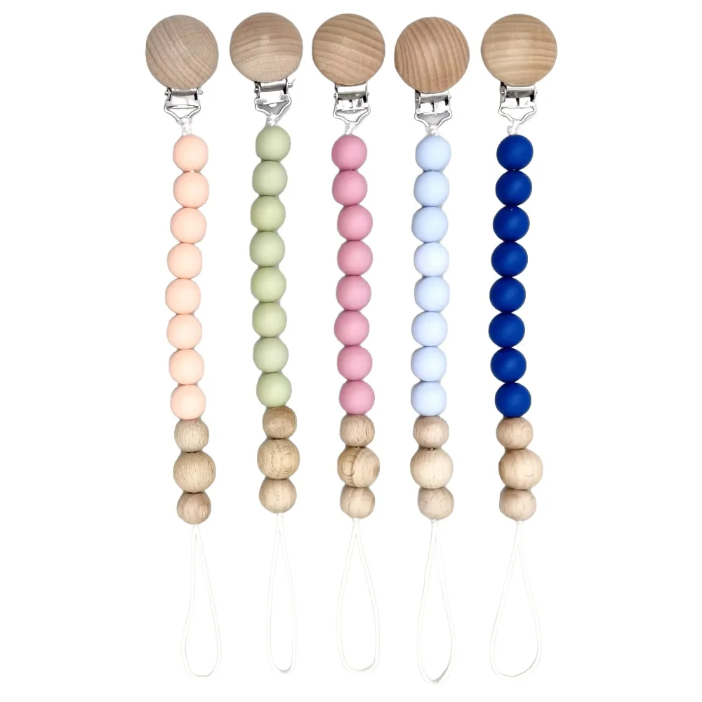 Baby Beech Wood Pacifier Clip Round Silicone Teething Beads Dummy Holder Soothe Anti-drop Nipple Clip Baby Pacifier Chain