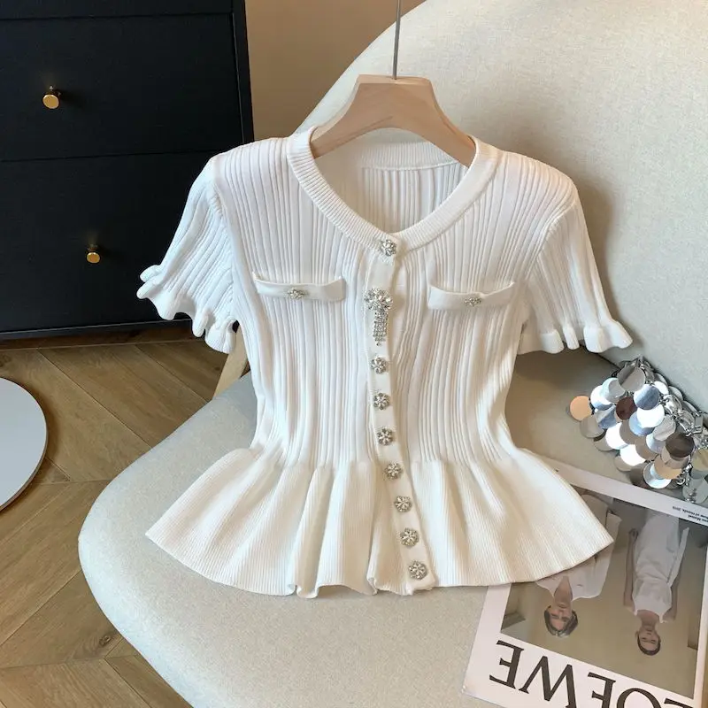 

French Chic Summer Slim-Fit High Waist Crop T-Shirt Office Ready Knit Top with Ruffle Trim Round Neck Versatile Styling