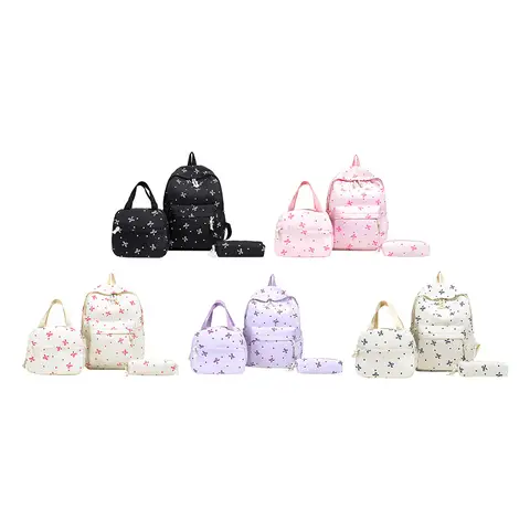 3Pcs Simple Cute Backpack Set with Handbag Pencil Case Kawaii Nylon Bowknot Backpack Laptop School Bag for Girl Student Teen