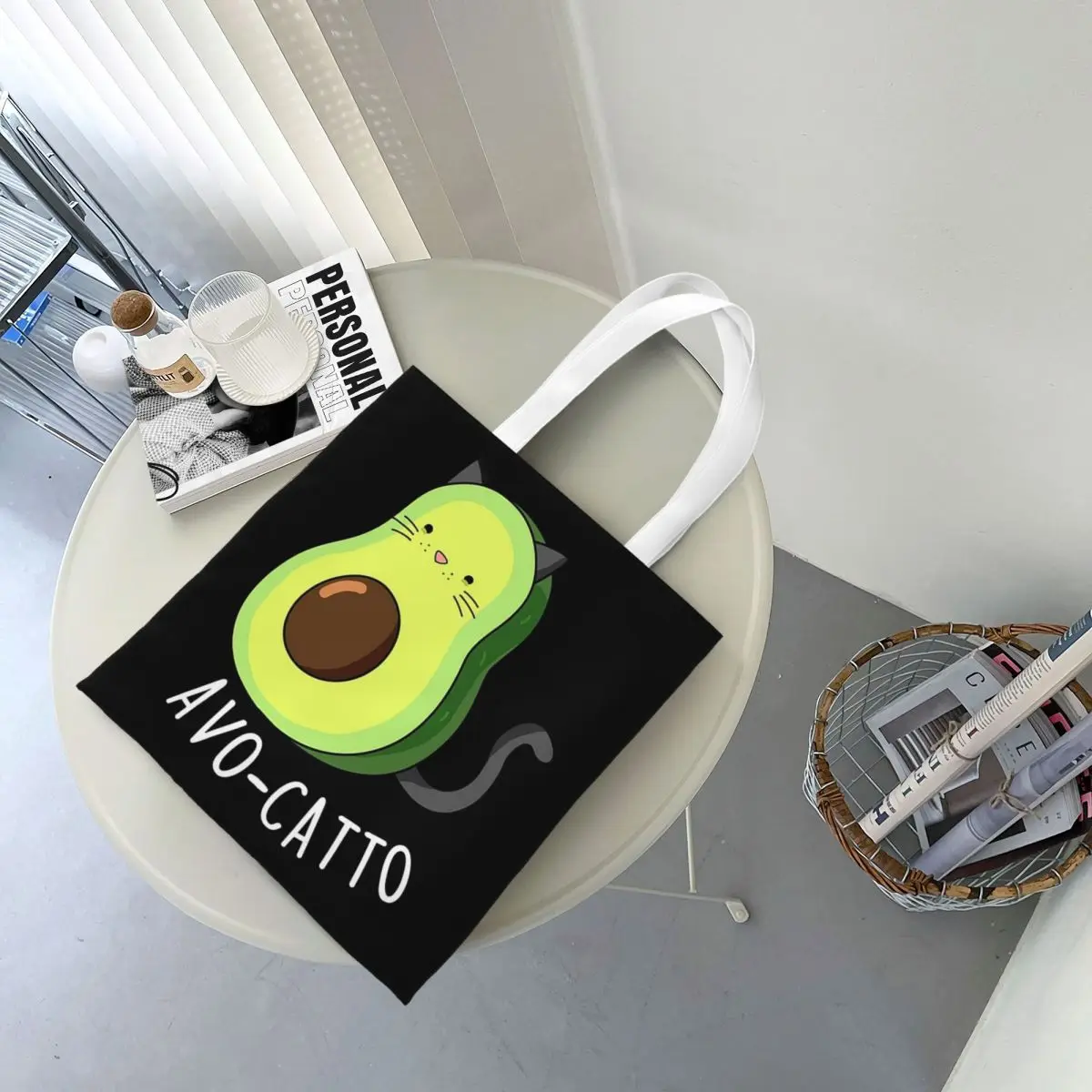

Avocado Cat Funny Puns Shopping Bags Canvas The Tote Bag Folding for Women Shoulder Tote Travel Handbag