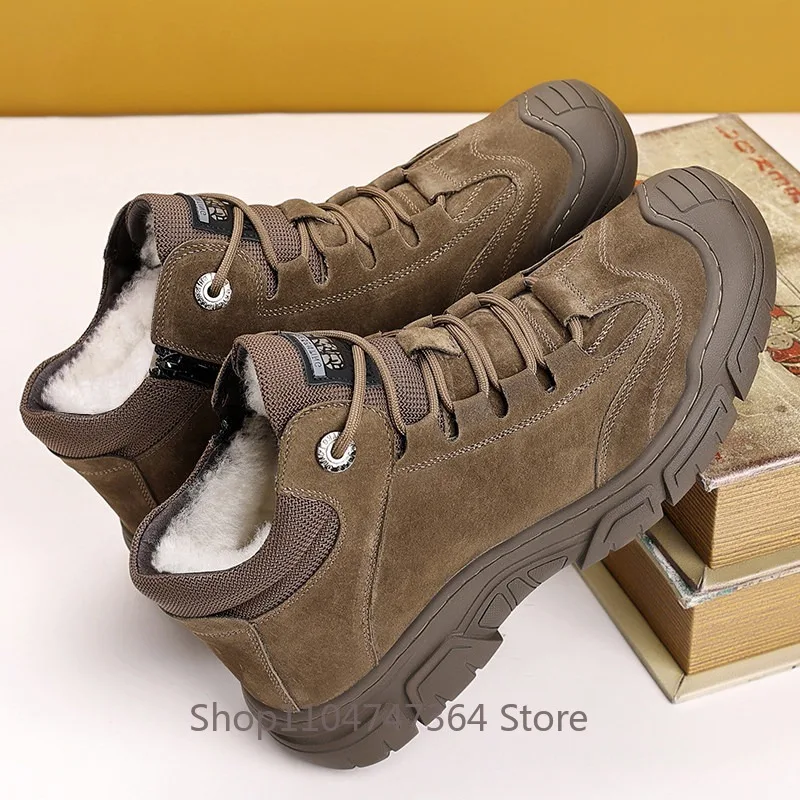 Winter Genuine Suede High Top Boots Men's Wool Fur Lined Warm Snow Boots Non-slip Sole Side Zipper Outdoor Casual Ankle Boots
