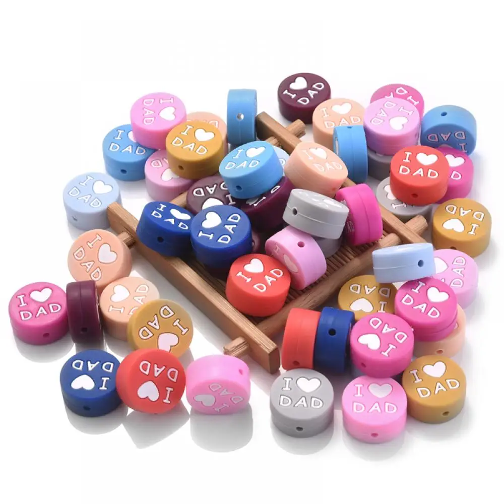 

10Pcs 20mm Flat Round Silicone Beads Print "I Love DAD" Letter Teether Beads For Jewelry Making DIY Necklace Baby Pacifier Chain