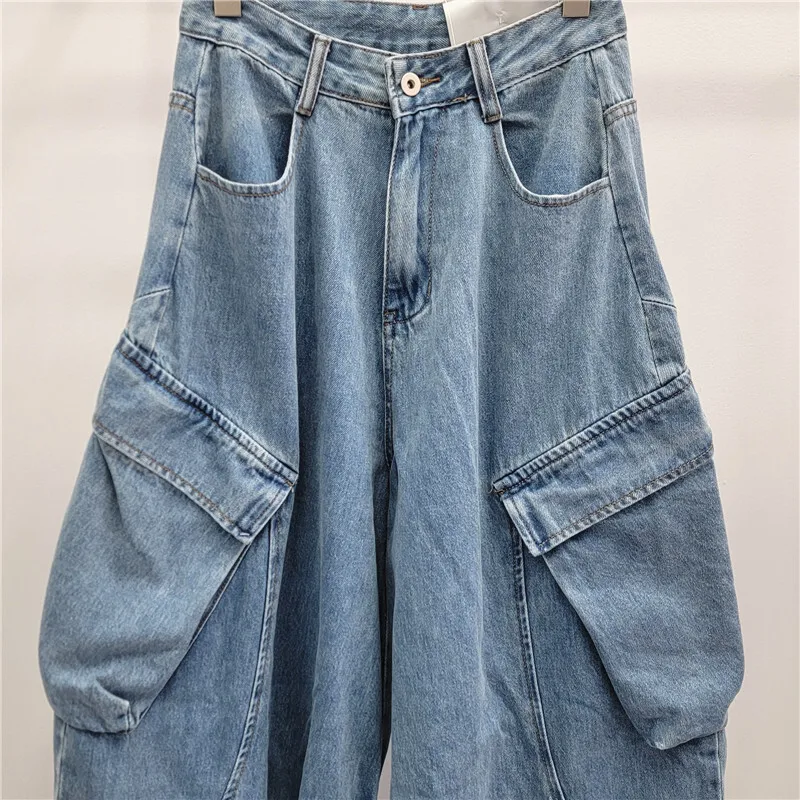 ANJY Otoño Invierno nuevas mujeres moda americana lavado multibolsillo Cargo Jeans moda suelta Chic marea pantalones vaqueros de pierna ancha A16380