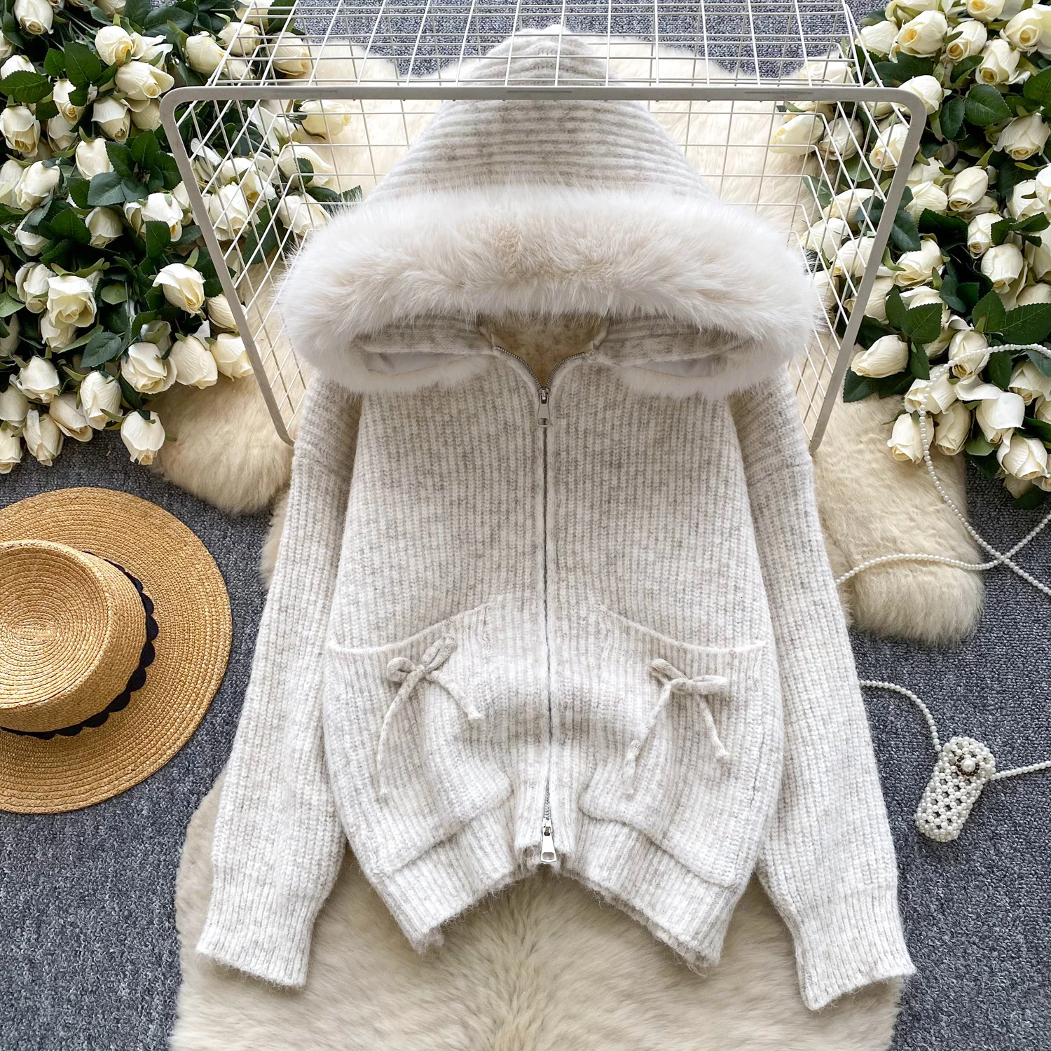 

Women Hooded Faux Fur Patchwork Sweater Lady Winter Zipper Trendy Tops Female Ins Chic Sweet Streetwear Coat Knitted Warm Jacket