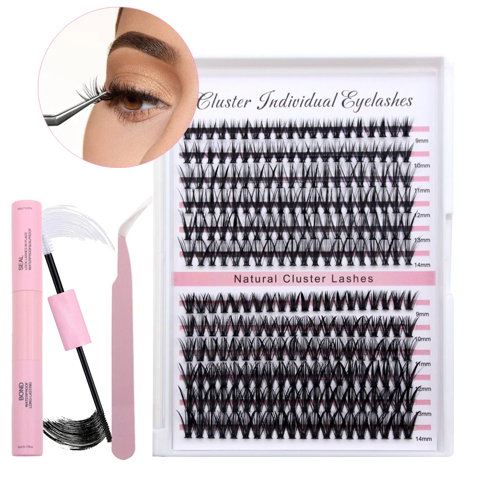 FAIRYTIS Individual Cluster Lashes Kit DIY Eyelash Extension 9-14mm Mixed 240 Clusters with Waterproof Bond and Seal, Tweezers