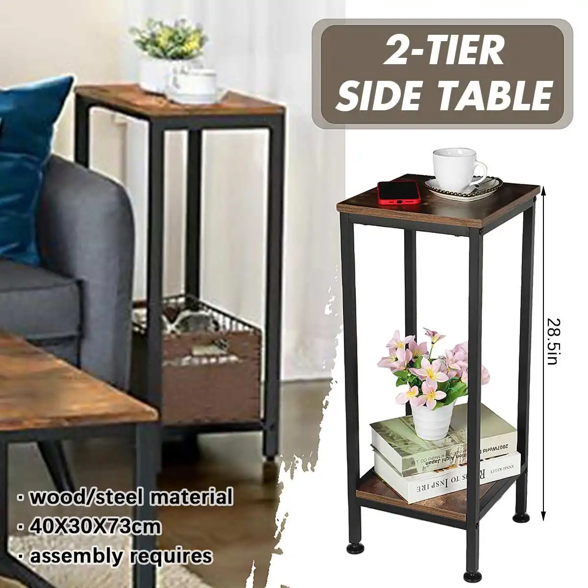 Retro Coffee Table Wooden Metal Frame Sofa Side Table Industrial End Table Home Bedroom Nightstand Storage Holders Furniture