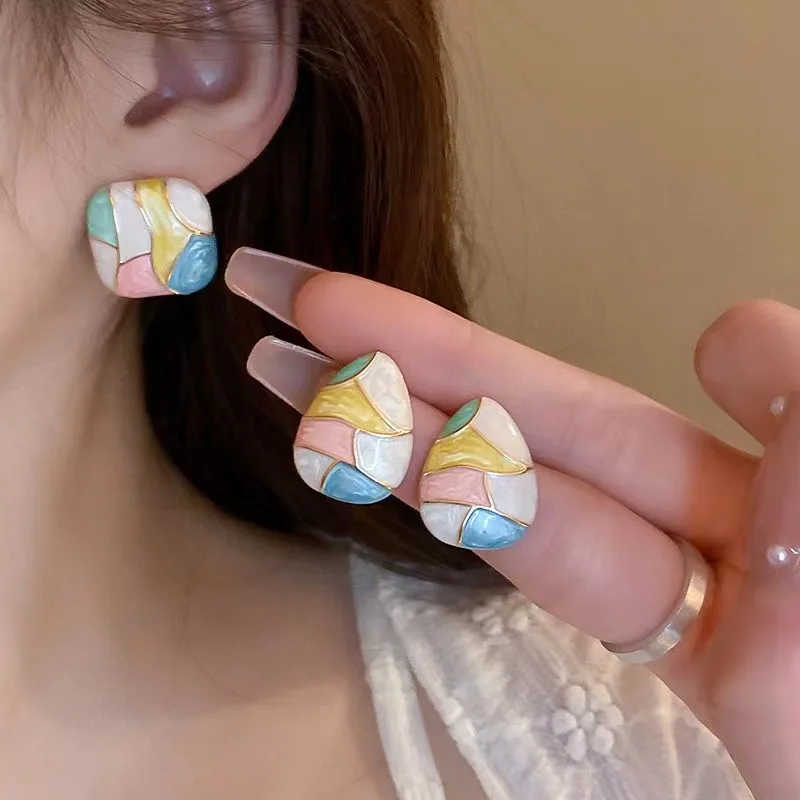 Colorful Glaze Water Drop Women's Stud Earrings Blue Pink Enamel Multi-colored Grids Small Square Earrings for Girls Boho Jewery
