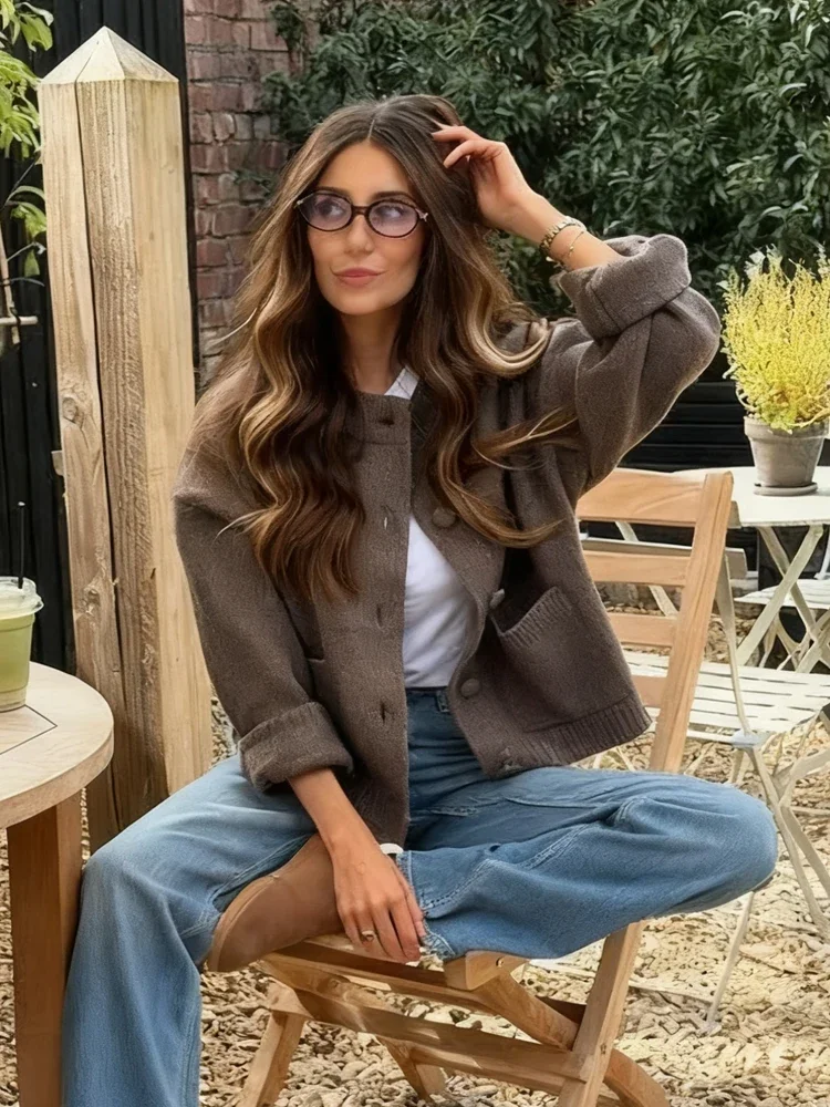 Pull à manches longues et col rond pour femme, manteaux Chic à simple boutonnage avec poches tricotées, couleur unie, automne hiver 2025