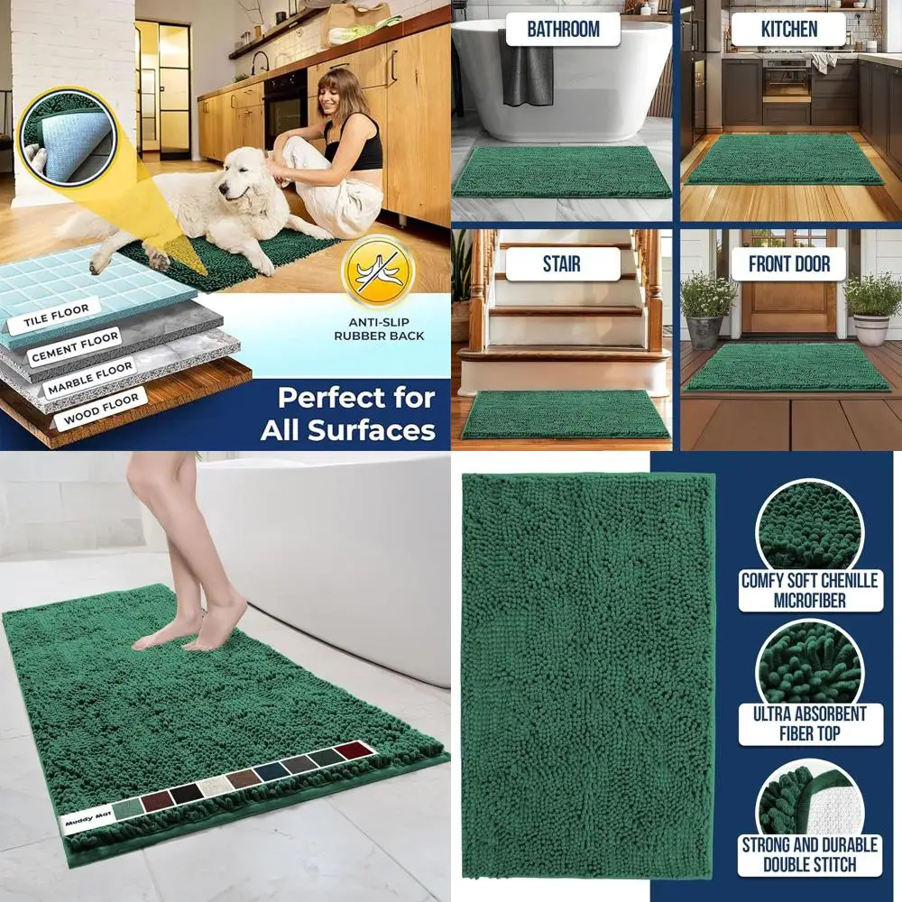 

Thick Microfiber Chenille Bath Mat, Quick-Dry, Non-Slip, Dark Green, XL 59x35