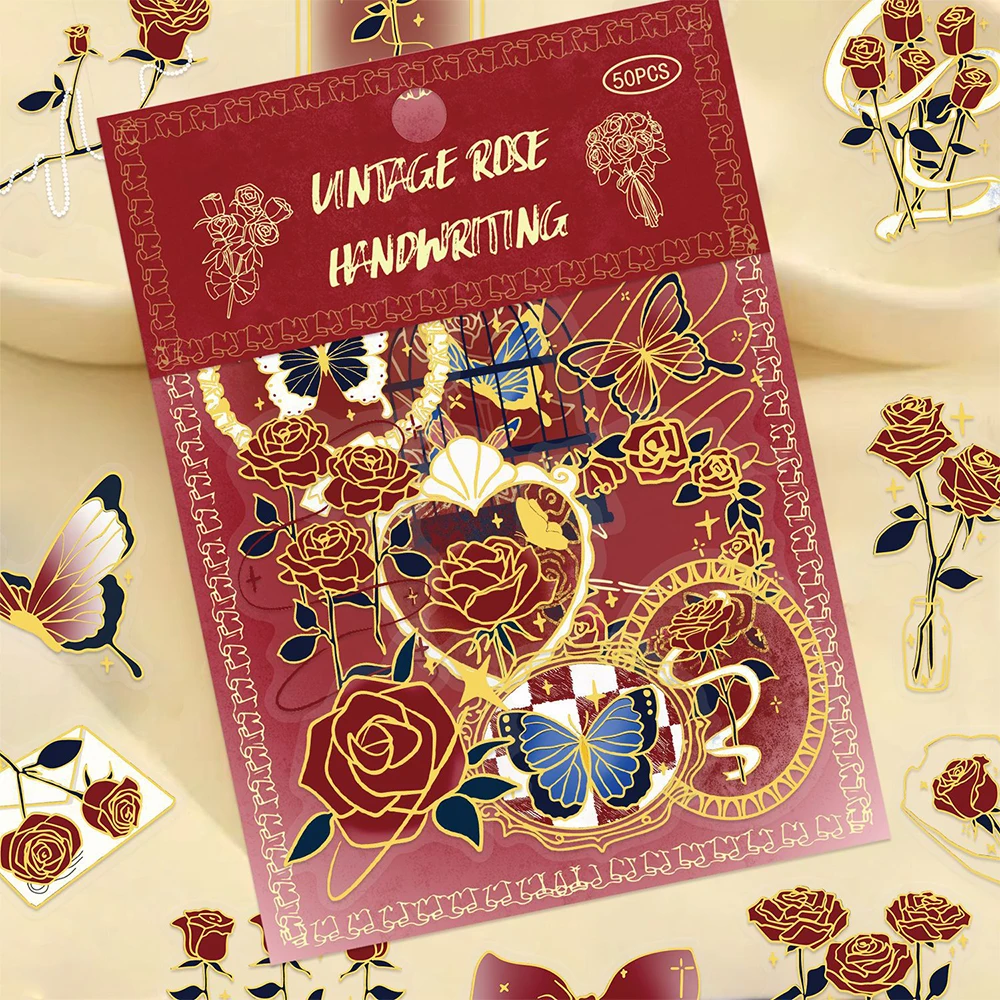 

10/30/50pcs Vintage Art Hot Stamping Rose Stickers Transparent Cartoon Flower Sticker Water Bottle Guitar Phone Decals Packing