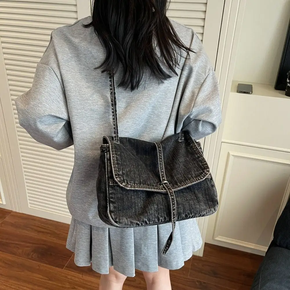 

Портативная джинсовая тканевая сумка в стиле ретро, большая вместительная простая винтажная сумка для покупок, однотонная холщовая сумка-тоут для девочек