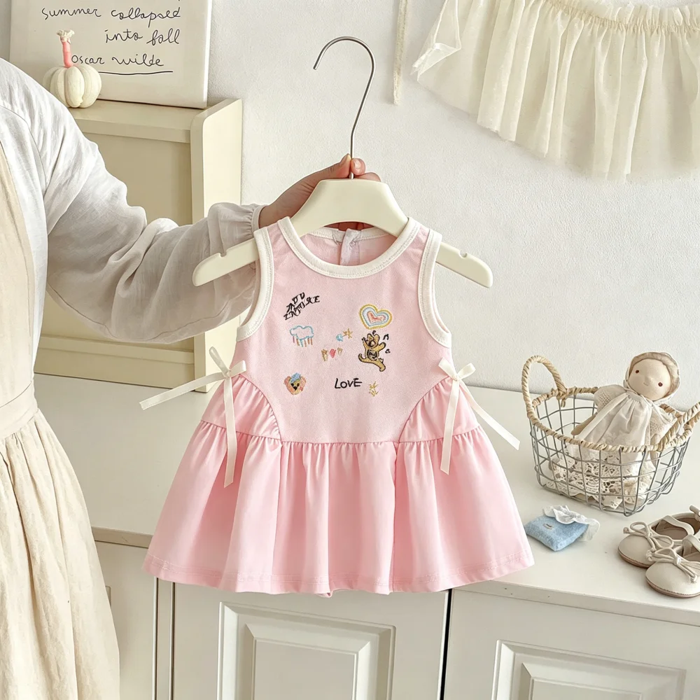 

Girls' Dress Summer Cartoon Bow Cute Sleeveless Baby Girl's Dress Sweet Beach Princess Baby Dress Baby Girl Clothes