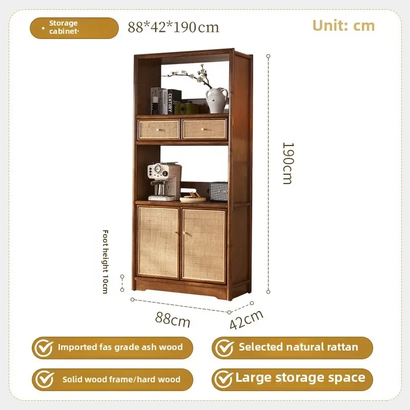 New Chinese solid wood rattan dining side cabinet small apartment double cabinet door with drawer
