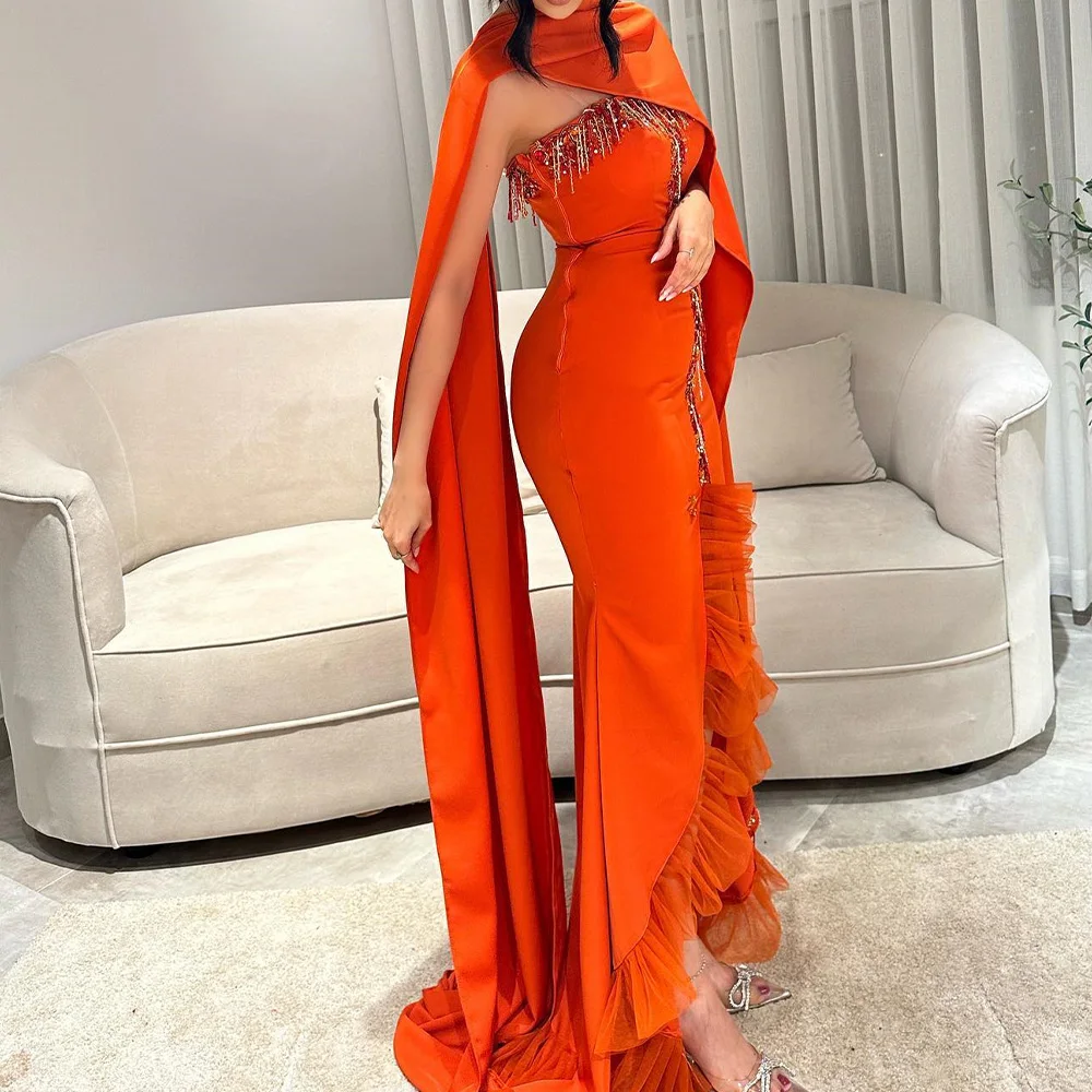 

Elegant and luxury Sequined Beading Tassel Shawl Evening Dresses Straight Floor Length Strapless Jersey Sleeveless Sweep Train