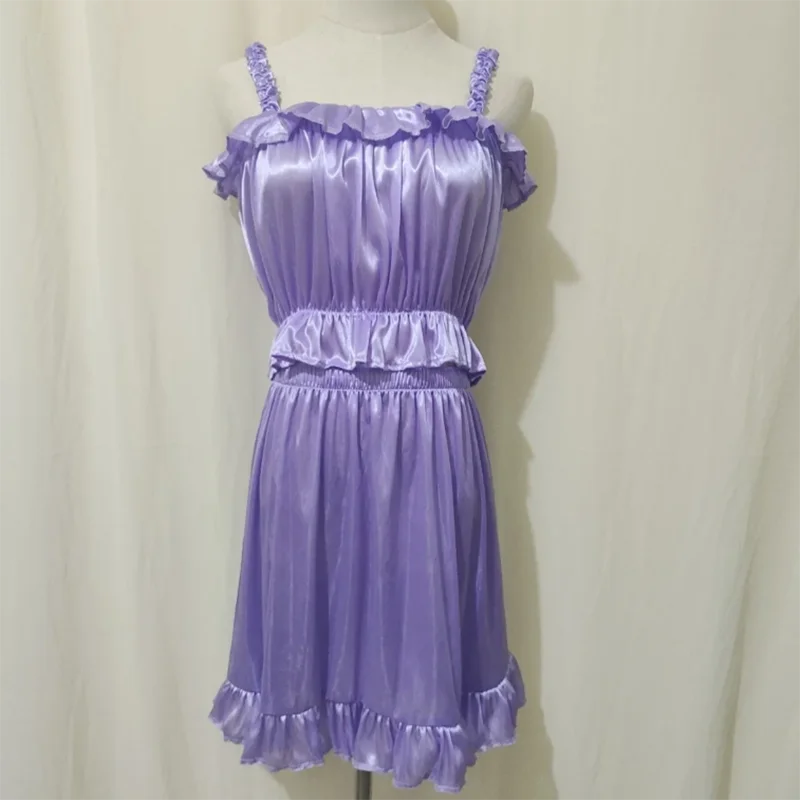 

Юбка-бретелька Sissy Crossdressing, шелковистая ночная рубашка на ощупь для мужчин и женщин, комплект короткой юбки с блестящими ледяными шелковыми оборками