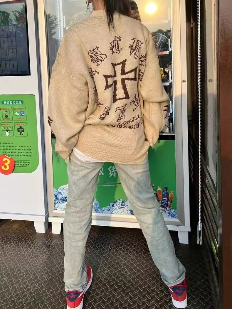 Pull à col rond rétro Harajuku pour hommes, ourlet effiloché, imprimé dollar et lettre, pull épissé, Streetwear d'hiver pour femmes, Y-2022