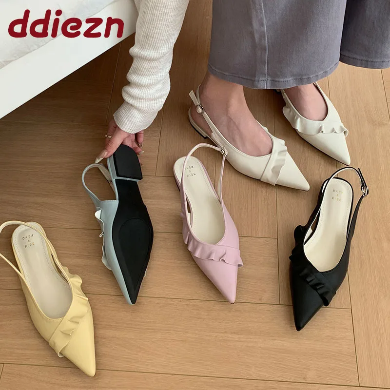 

2025 New Luxury Fashion Pointed Toe Women Flats Sandals Shoes Female Beach Summer Buckle Ladies Flats Sandals Shoes Mules