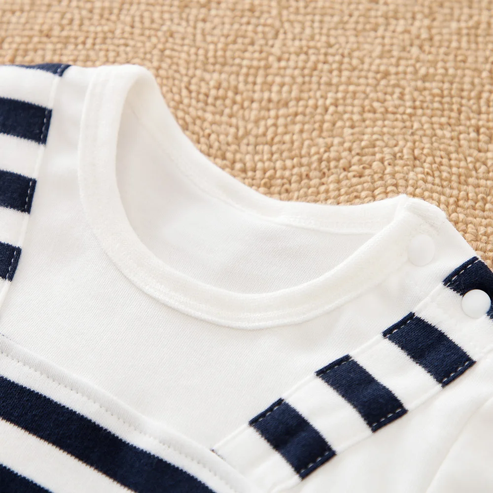 Spring and Autumn Boys\' and Girls\' Clothing Striped Straps Fake Two Piece Cotton Long Sleeve Baby Bodysuit
