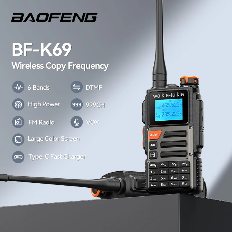 Baofeng BF-K69 Walkie Talkie Multi Band Wireless Copy Frequency 999CH Type-C AM FM DTMF NOAA Portable K6 Series 2 Way Ham Radios