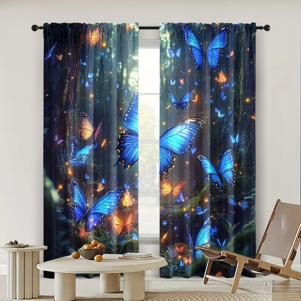 2pc,  Curtains Sapphire Blue Forest Butterfly Versatile 100% Polyester,Without Electricity Party Decorations Suitable for