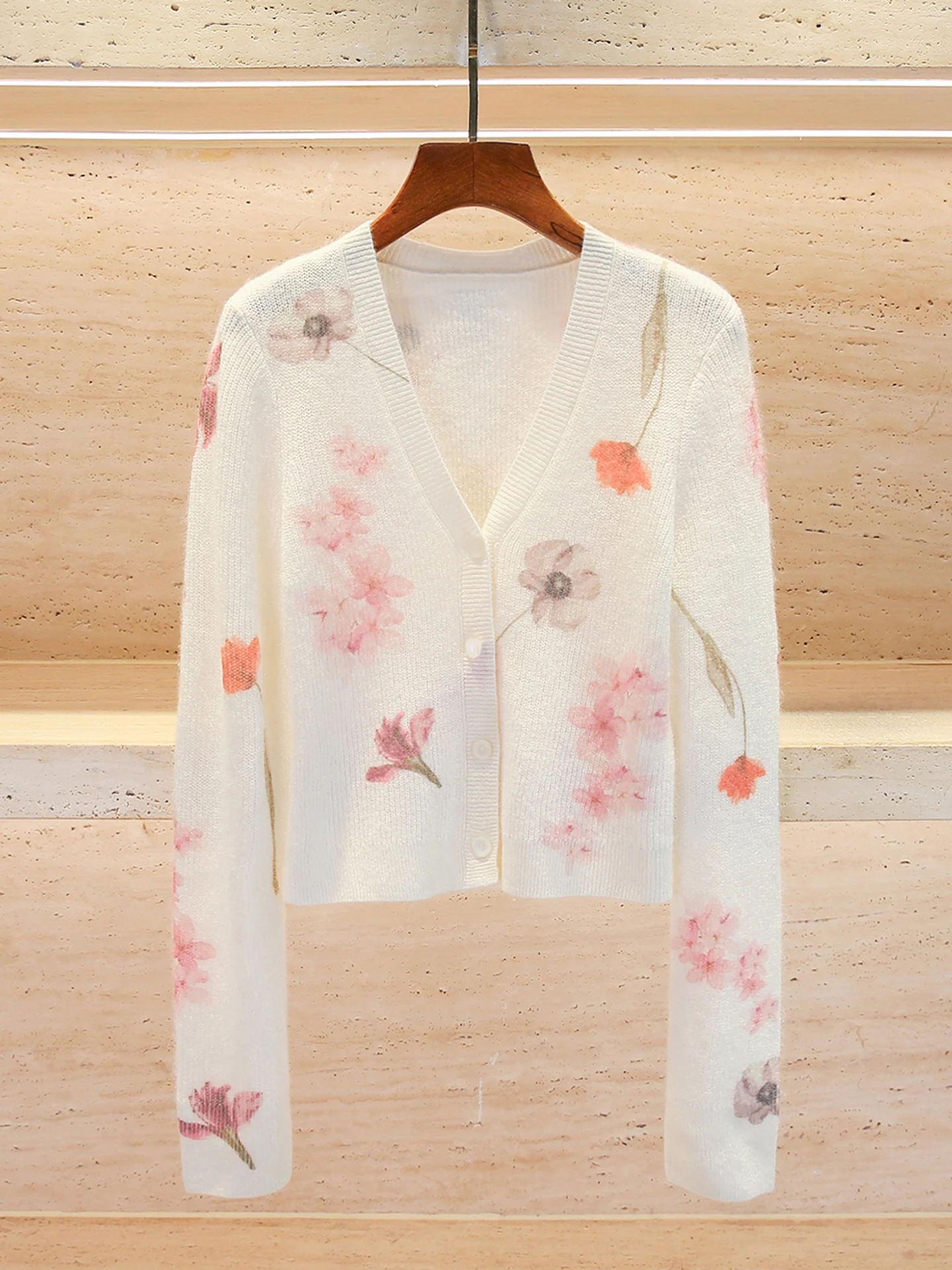 

French Style V-Neck Floral Print Knitted Cardigan Coat High Quality Women's Spring Fashion Outerwear Soft Medium Thickness Lo...
