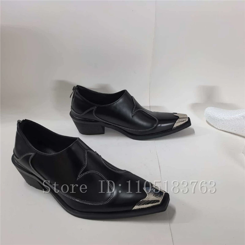 Men and Women Retro Western Cowboy Shoes Black Metal Square Toe Embroidery Stitching Block Heel Back Zipper Punk Derby Shoes