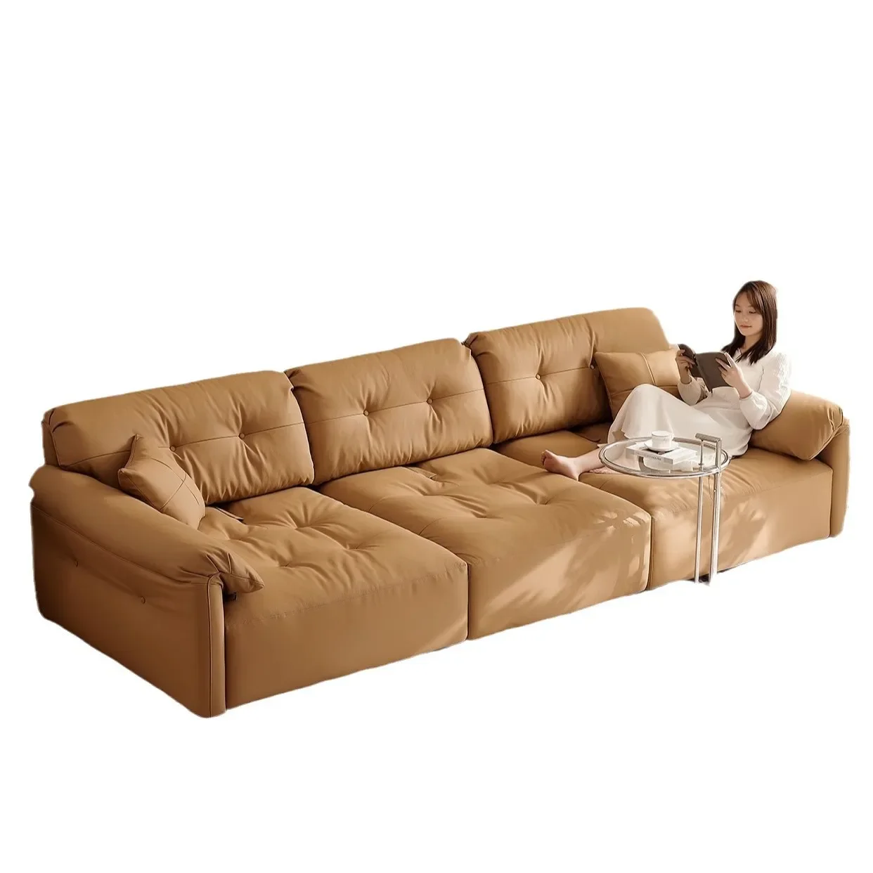 

French cream wind cloud leather sofa living room retro brown big seat deep Italian minimalist elephant ear sofa