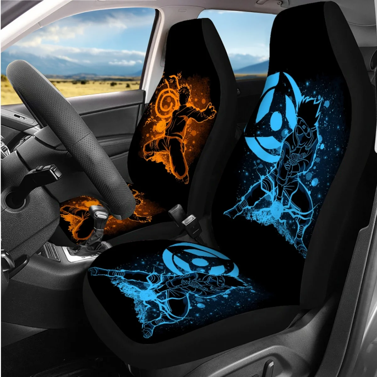 Japanese Anime Cartoon Car Full Set Interior for Women Men Machine Washable Breathable Steering Wheel Cover Seat Belt Sets Cover